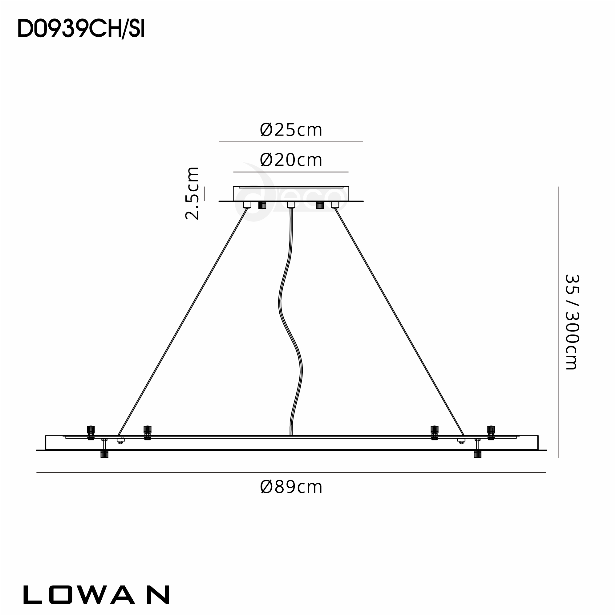 D0939CH/SI  Lowan 890mm, 3m Suspension Plate c/w Power Cable To Lower Flush Fittings, Polished Chrome/Silver Max Load 40kg (ONLY TESTED FOR OUR RANGE OF PRODUCTS)
